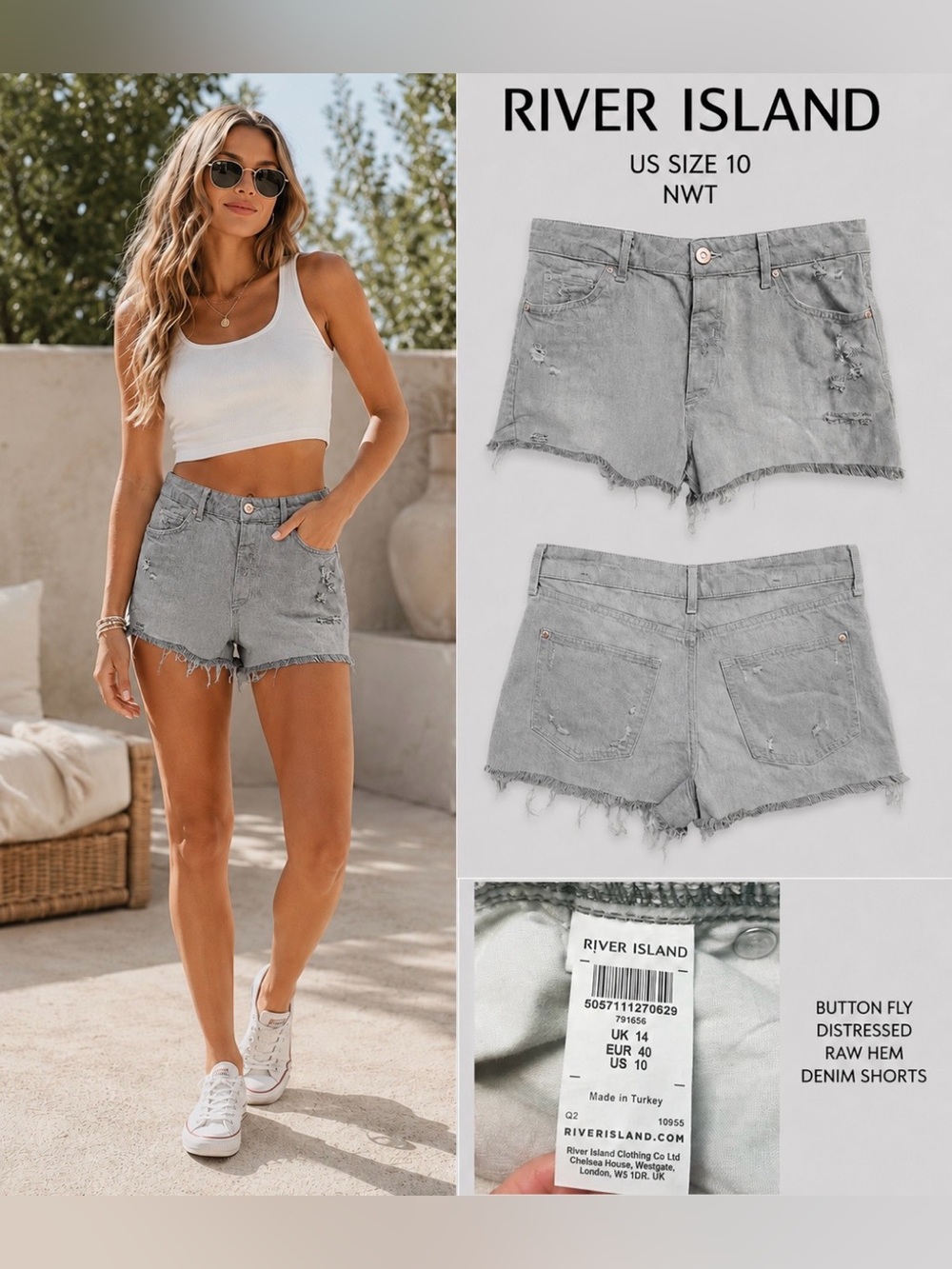 River Island Paris Texas Womens Light Gray Distressed Shorts US Size 10 NWT